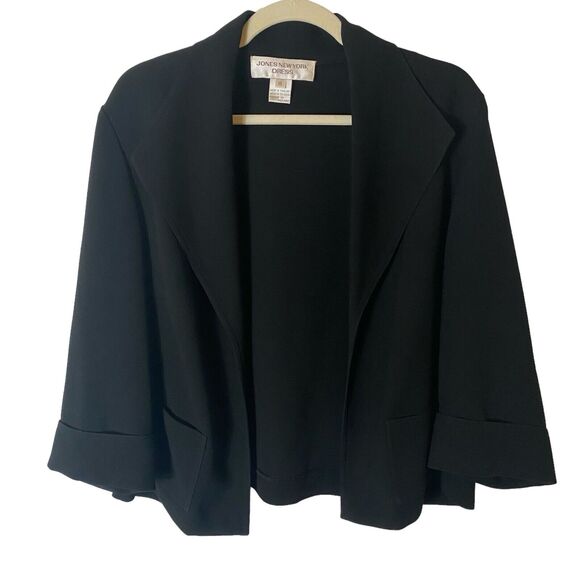 Jones New York Open Front Blazer Jacket Black SZ 14 Crepe Career Church Suit - Picture 1 of 10